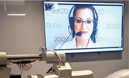 An optometrist on a monitor giving an eye exam at Mango Optic using teleoptometry.