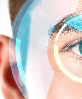 Graphic conveying eye health. Radiating circles around a man's eye.