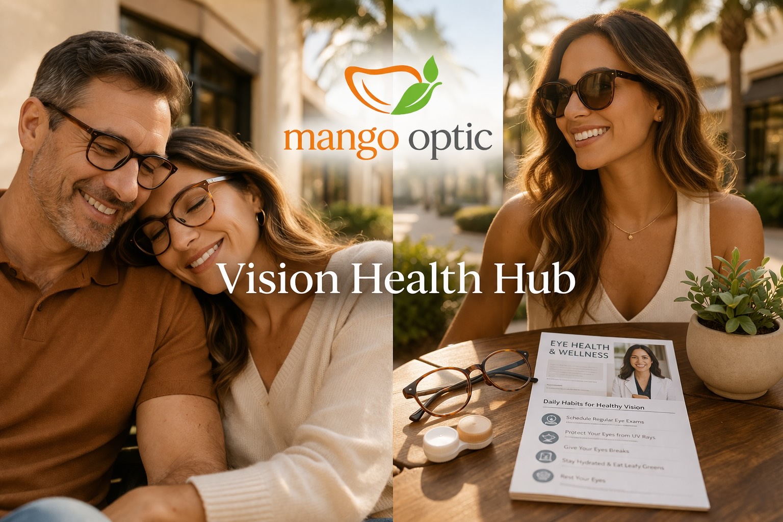 a couple and a woman - montage - of customers wearing Mango Optic eyewear - receiving vision health information.