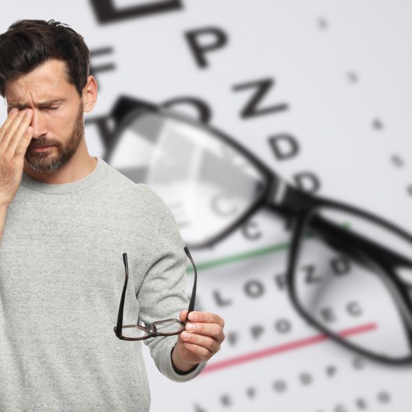 Man straining his eyes due to bad eye sight.