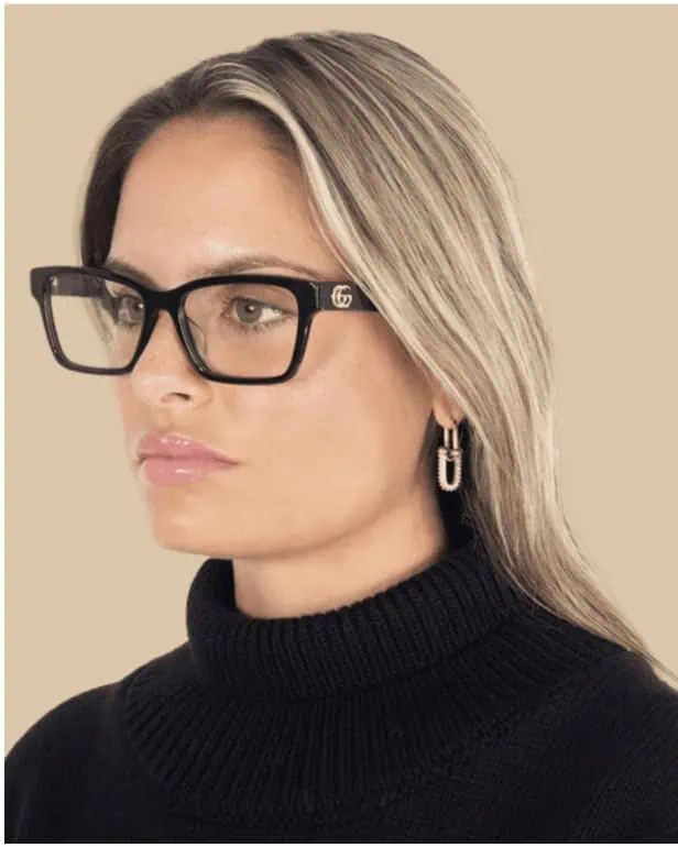 Woman wearing Gucci eyewear at Mango Optic in Boca Raton.